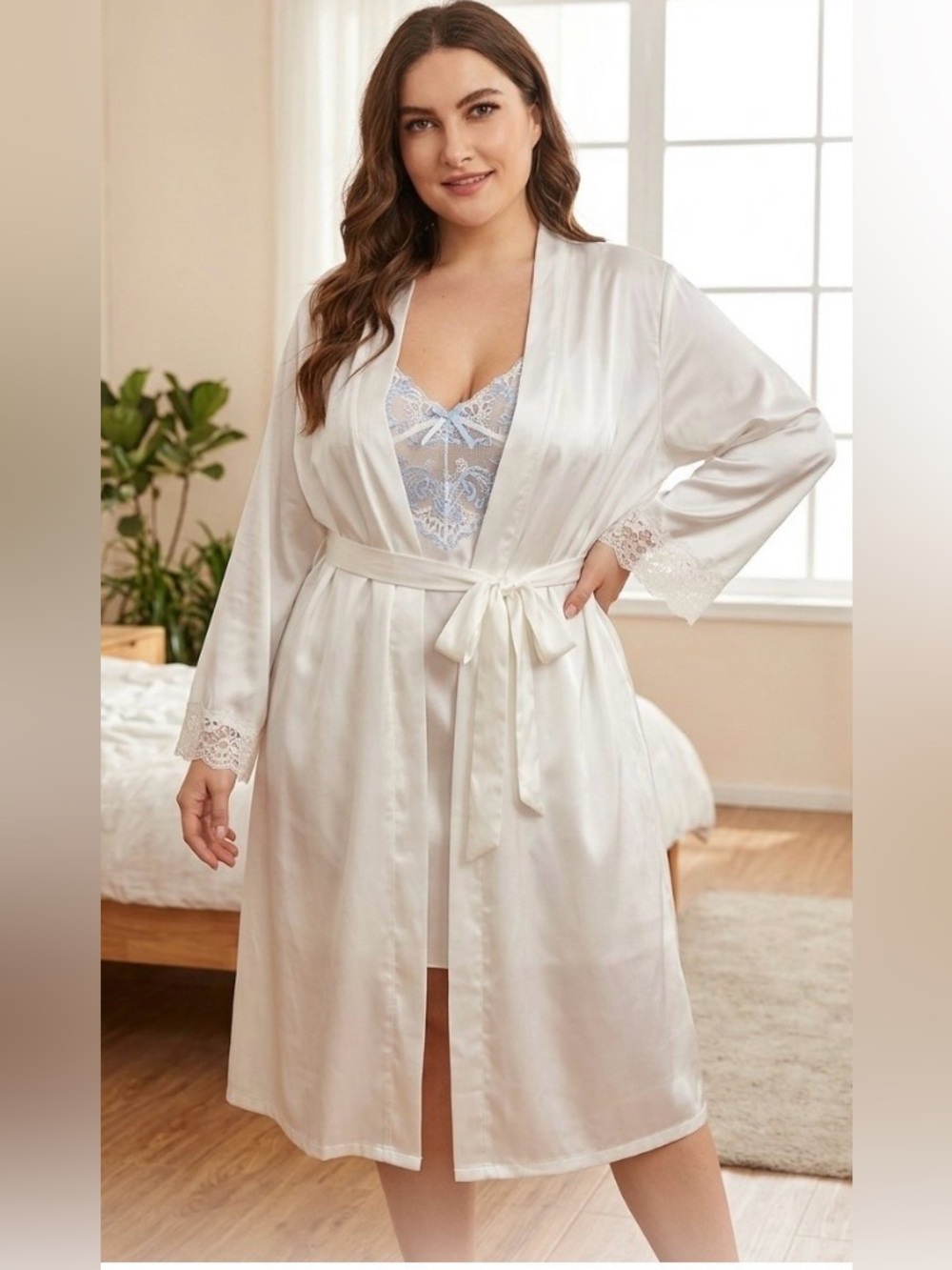 Jones New York White Satin Robe 2X with Light Blue Lace Chemise Linea Donatella